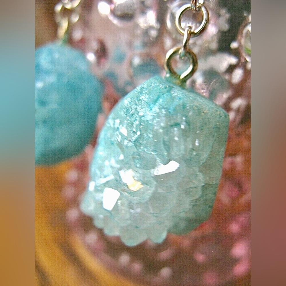 New Mini Natural Aqua Blue Druzy Crystal Geode Silver Dangle Earrings - Picture 4 of 6